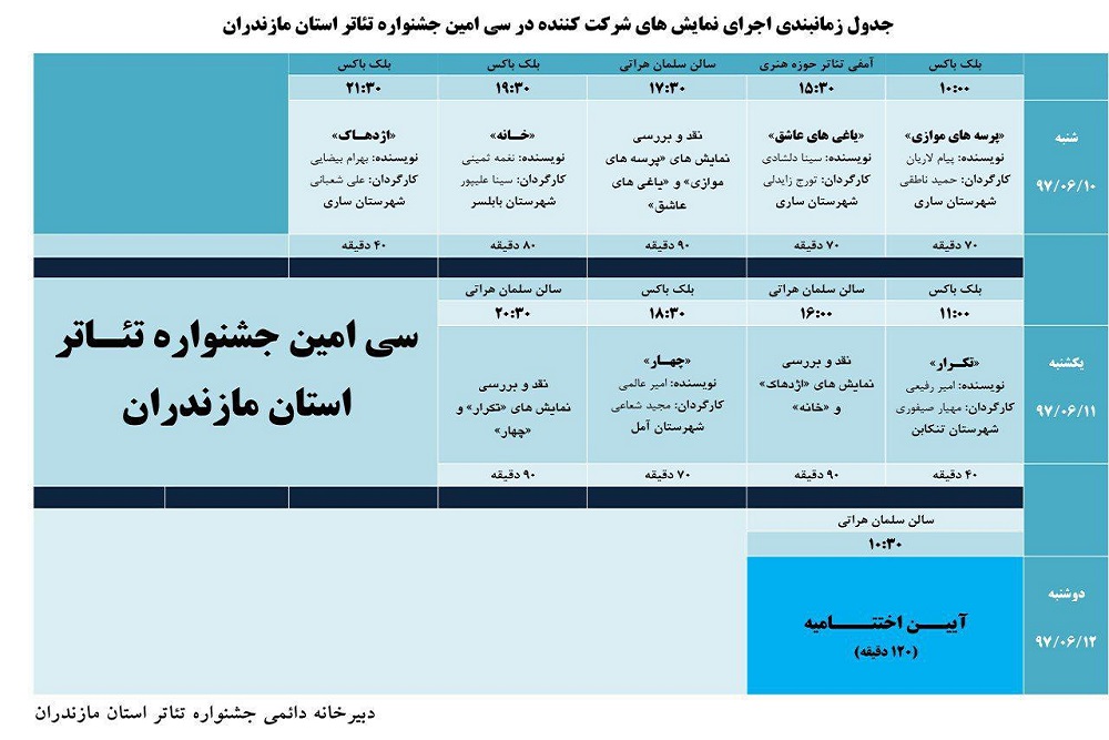 از سوی دبیرخانه دائمی جشنواره تئاتر مازندران
جدول زمانبندی اجرای نمایشهای سیاِمین جشنواره تئاتر مازندران منتشر شد