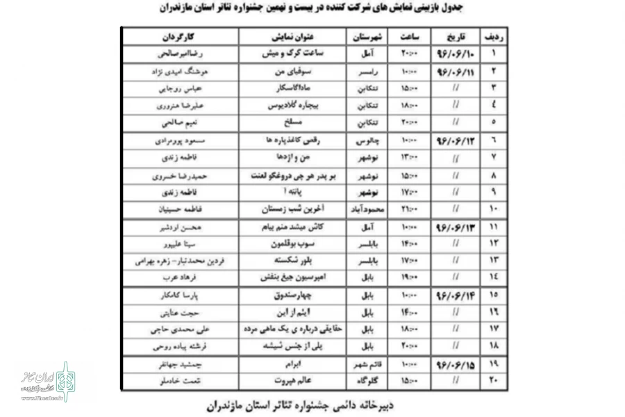 جدول بازبینی آثار بیست و نهمین جشنواره تئاتر مازندران
